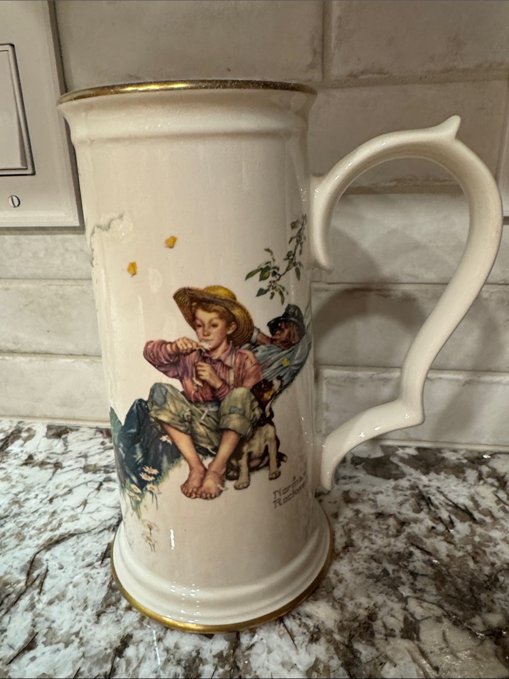 Norman Rockwell Ceramic Stein with 24k gold rim and base trim